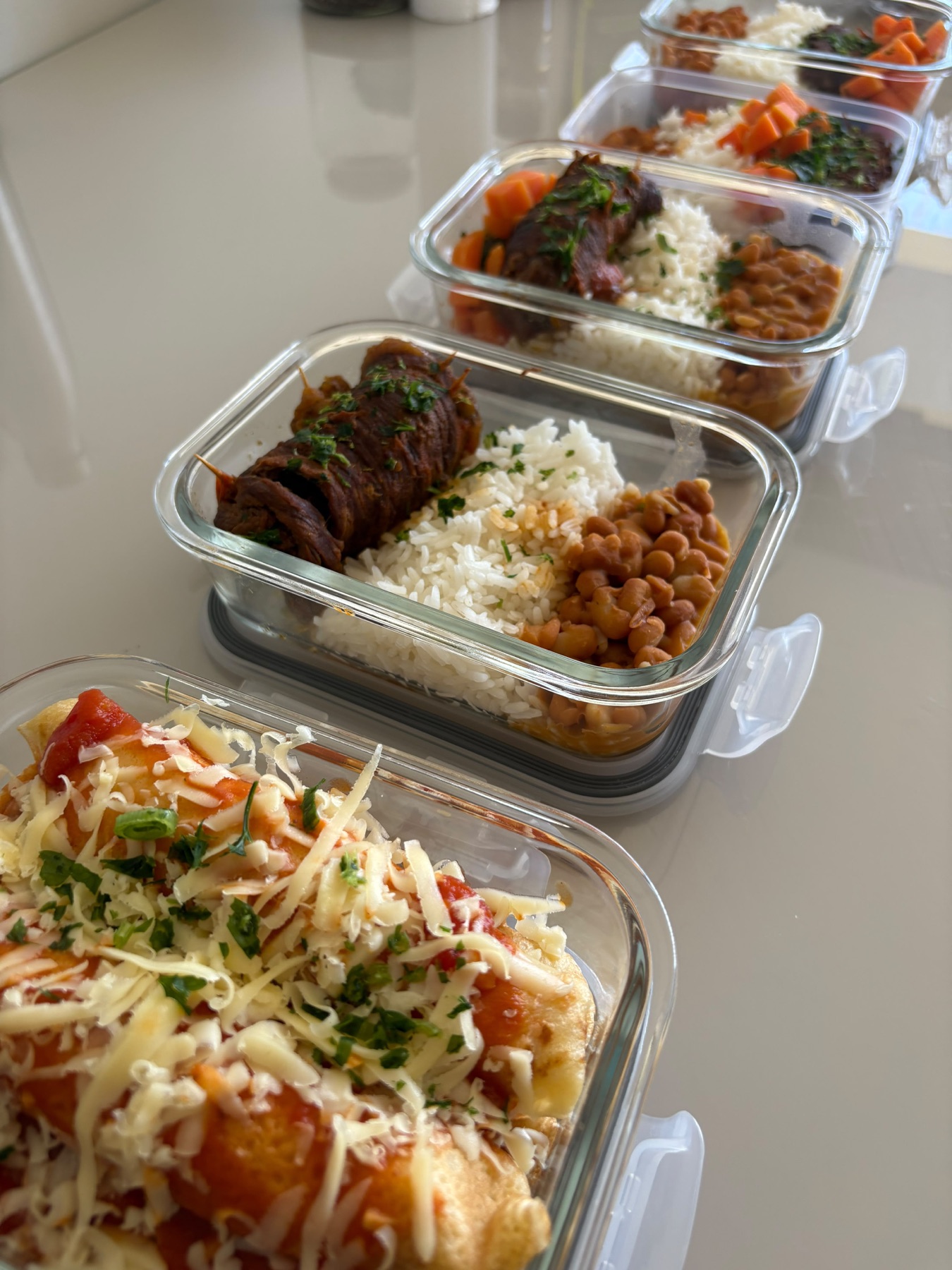Refeições com arroz, feijão, carne e legumes